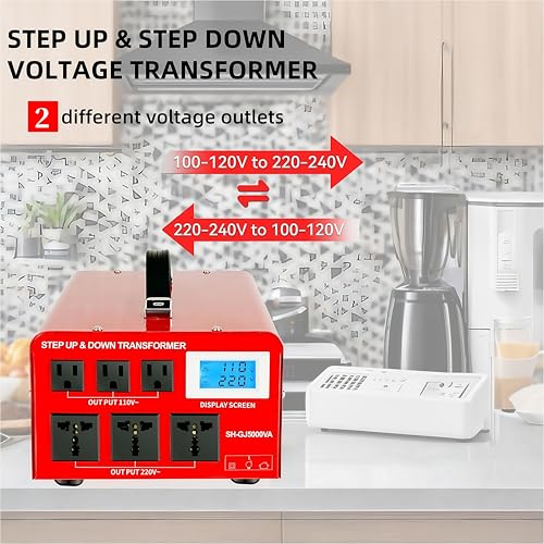 Image of SUNSHUN Step Down Transformer 220V to 110V 5000W Step Up Voltage Converter 110V to 220V Heavy Duty Power Transformer with 3 US Outlets and 3 Universal Outlets LCD Display, Circuit Breaker Protection
