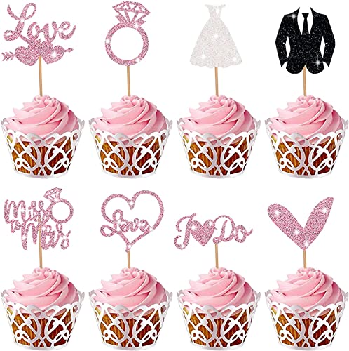 32 Piezas Bride Cupcake Toppers Tartas Cupcakes Decoración de Novia Decoración para Tarta de Novia Diamantes Anillo Vestido de Novia Tartas Decoración para Compromis Despedida de Soltera Boda Cover