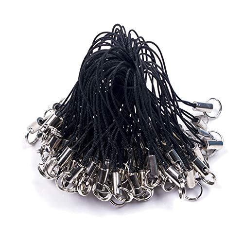 MOTZU 300 Pieces Silver Tone Black Lanyard Cell Phone Charm Split Ring Strap, Lobster Clasp Lariat Cord Strap for Mobile Cell Phone/Mp3/Mp4/USB Flash Drive/Charms/Keyring and More, 2.36inches
