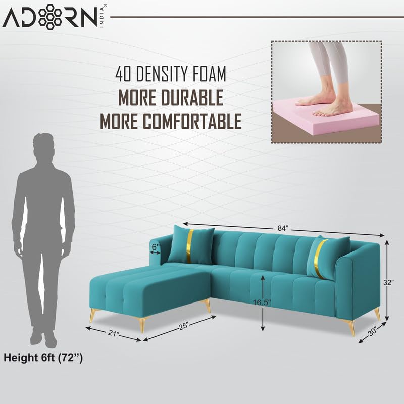 Image of Adorn India Premium Mystic - 3 Years Warranty - L Shape 5 Seater Sofa Set Velvet Suede Fabric - Aqua Blue