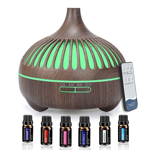 Difusor de Aromas 550ML,Difusor de Aromaterapia con 6 x 10ml Aceites Esenciales, Difusores de Aceite Perfumado con LED de 7 Colores,Oficina,SPA
