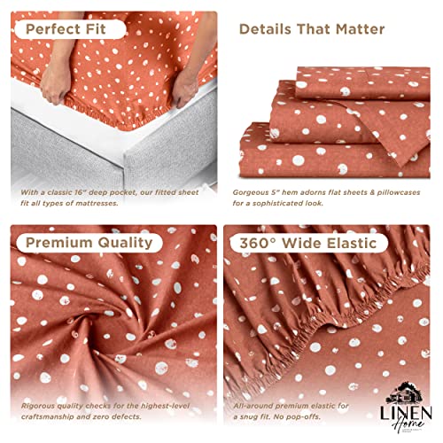 Image of Linen Home Cotton Lyocell Blend Percale Sheet Set Queen Size - 4 Piece Deep Pocket Bedding, Pre-Washed & Shrunk, Crisp Cooling Fabric, Fade-Resistant, Hotel Luxury, Wrinkle-Free - Polka Cedar Wood