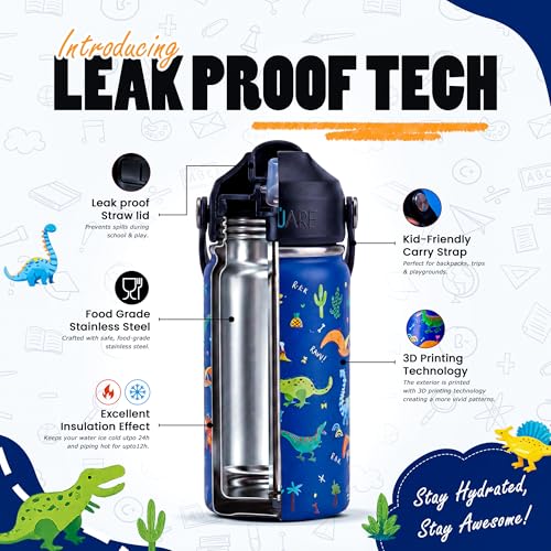Image of Rioware Kids Insulated Stainless Steel Water Bottle 350ml | Double Wall Vacuum | 24 Hrs Cold & 12 Hrs Hot | Leakproof Flip Top with Straw | BPA-Free | School Bottle with Carry Loop (350 Ml, Blue)