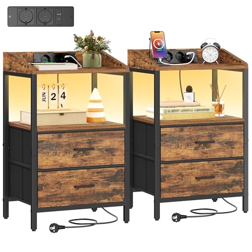 Hzuaneri Table de Chevet Lot de 2, avec Éclairage LED, Table de Nuit avec 2 Tiroirs de Rangement en Tissu, Tables d'appoint avec Ports USB et 2 Prises CA, pour Chambre,...