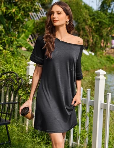 Image of Ekouaer Nightgowns for Women Color Block Sleep Shirt Short Sleeve Sleepwear