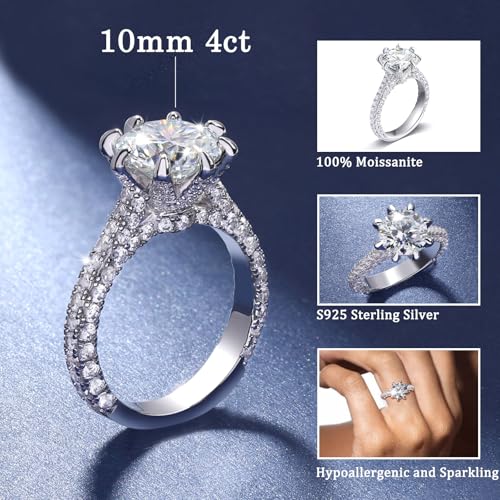 4CT Moissanite Ring for Women - 925 Sterling Silver 4CT Moissanite Engagement Ring Jewelry Moissanite Promise Ring 4 Carat Wedding Ring Anniversary Birthday Gifts2