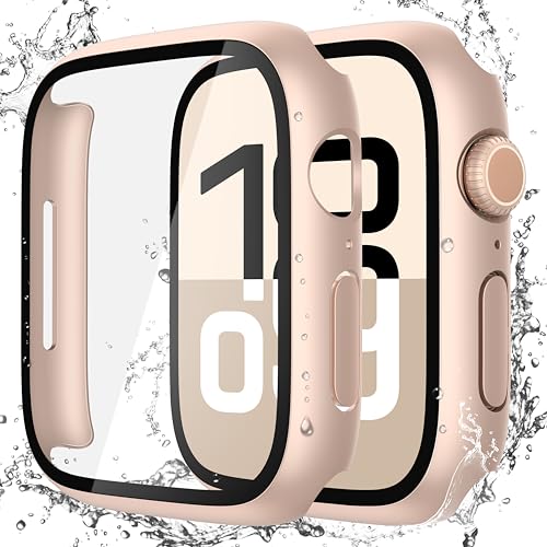 Image of Misxi [2 Pack] Waterproof Hard Case with Tempered Glass Compatible with Apple Watch Series 11 (2025) Series 10 42mm, Overall Protective Cover for iWatch Screen Protector, 1 Rose Gold + 1 Transparent