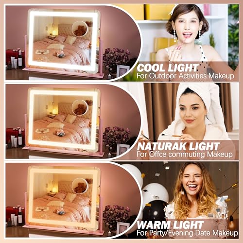 Image of FENNIO Vanity Mirror with Lights 22''x17'' Makeup Mirror,Vanity Mirror Touch Screen with 3-Color Lighting,Dimmable,for Vanity Desk Tabletop(Pink)