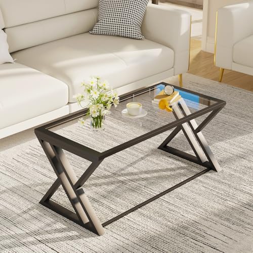 Coffee Table Living Room Table Center Tea Tables Glass Coffee Table End Sidetable with Black Metal Frame for Living Room Bedroom Office Modern Open Design 39 x 19 x 18 IN Transparent Glass
