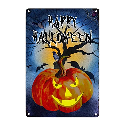 Plaque murale Halloween en métal avec citrouille et chauve-souris rétro