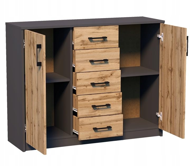 MATKAM Moderne Kommode 2D5S mit 2 Türen und 5 Schubladen - Robuste Aufbewahrungslösung für Schlafzimmer und Wohnbereiche (Anthrazit Grau-Wotan Eiche)
