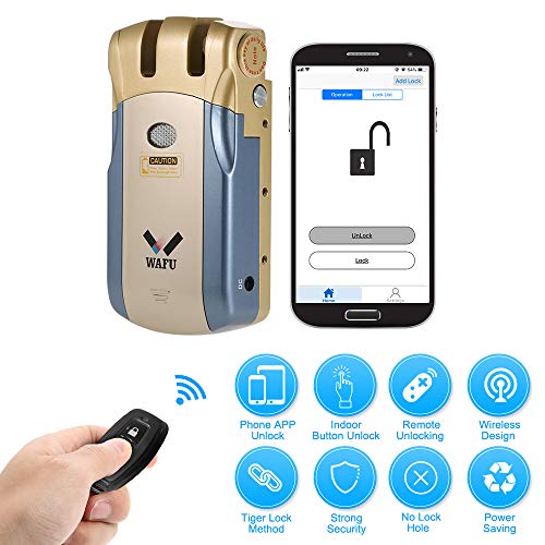 WAFU WF-018U Cerradura Inteligente Inalámbrica Cerradura Invisible Cerradura Control Remoto Desbloqueo de iOS Android App con 4 Control Remotos Sistema de Seguridad de Acceso, Azul+Oro