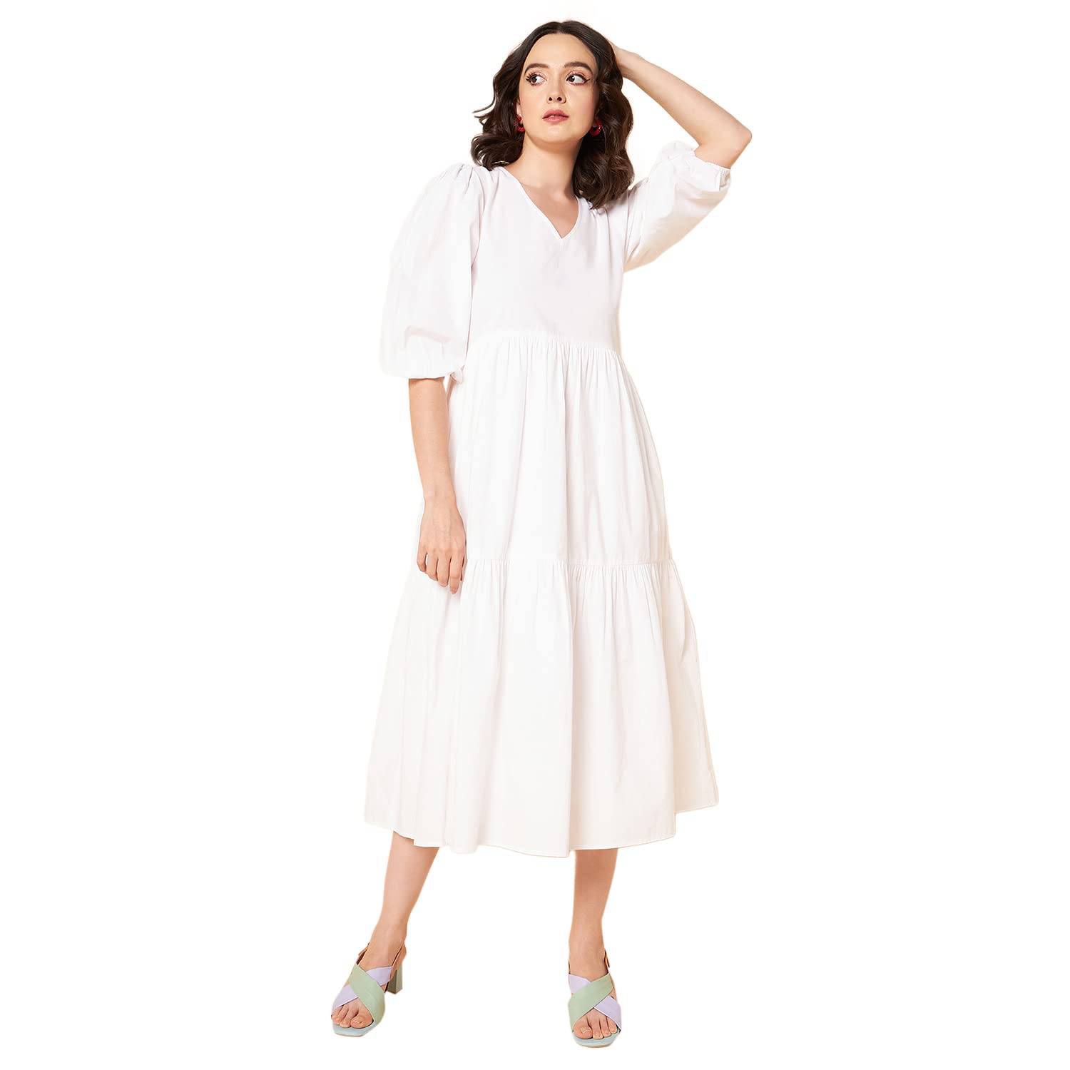 High Star Cotton Pleated Maxi Women Dress (Hswdrs23005_Wh_White_Xl)
