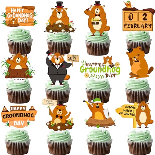 Happy Groundhog Day Cupcake Toppers - Groundhog Party Decoration - Animal Theme Cupcake Picks - Birthday Party Decor for Spring Is Coming Baby Showers