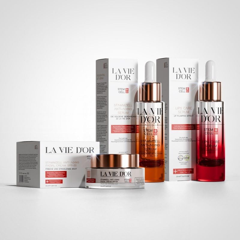 LaVieDor Komplettset – Anti-Aging Serum, Tagescreme mit LSF 30 & Lippenpflege, Stammzell-Technologie & Exosomen-Komplex, Lippenpflege mit Volumen-Effekt, Hochdosiertes Gesichtsserum mit Hyaluronsäure