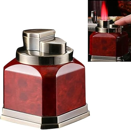 Desktop Lighter, Butane Lighter, Windproof Jet Four Red Flames, Reusable, Adjustable Flame, Zinc Alloy + Redwood, Suitable for Office and Living Room.