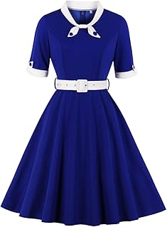 Women Short Sleeve Tie Neck Vintage Cocktail Party Dress Buttons Down 50s Flared A-Line Casual Office Work Prom Swing Dress - Buy now