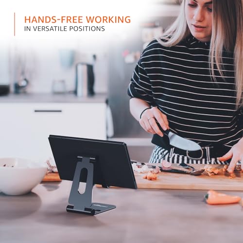 amazon basics Aluminum Adjustable Mobile Phone Foldable Tabletop Stand Dock Mount for All Smartphones, Tabs, Kindle, iPad (Black)