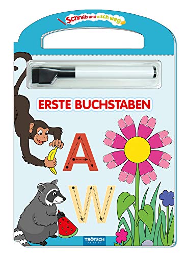 TRÖTSCH - Schreib und wisch weg 'Erste Buchstaben' mit Stift | Übungsheft mit abwischbarer Oberfläche und Stift zum Üben der Buchstaben. Lernheft mit Schritt-für-Schritt-Anleitungen | Ab 4 Jahren