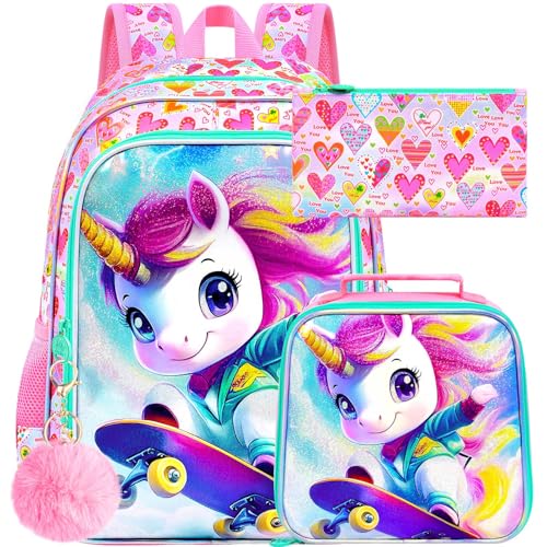 Image of HPJGD 3PCS Unicorn Preschool Backpack Set, Girls Skateboard Bookbag Set for Girls with Lunch Box, Cute Water Resistant Elementary School Bag for Toddler - Pink Unicorn on Skateboard