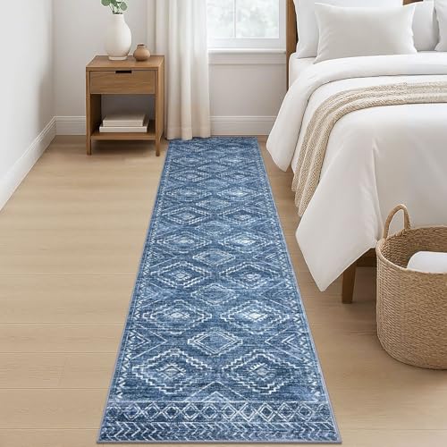 KILOCOCO Hallway Runner Rug 2x8 Runners for Hallways Washable Runner Rug Non Slip Rubber Backed Low-Pile Runners for Bedroom Kitchen Living Room Laundry Room Boho Rugs, Stonewashed Blue