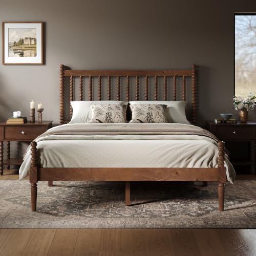 Image of AMERLIFE Full Solid Wood Bed with Bobbin Spindle Headboard, Dark Walnut