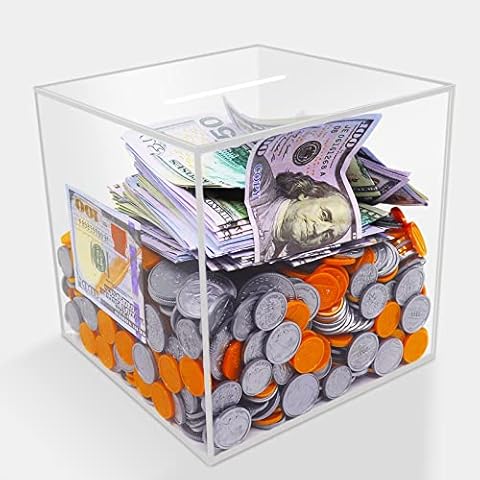 Prounion Clear Piggy Bank for Adults, Must Break to Access Savings Clear Acrylic Piggy Bank Money Tip Change Box to Help Budget and Save, Unopenable Savings Coin Money Piggy Bank Jar Box for Adult, XL Cover