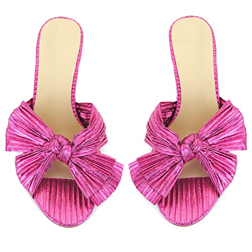 Image of MICIFA Women's Bow Heeled Sandals Slip On Open Toe Block Chunky Heel Sandals Bride Wedding Dress Shoes