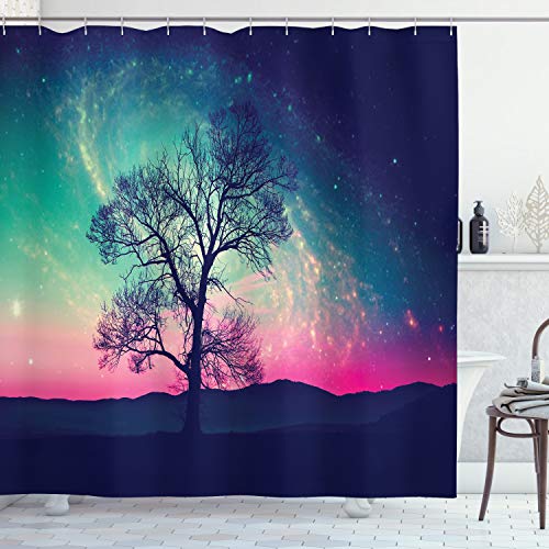 ABAKUHAUS Galaxy Shower Curtain, Vibrant Stars Space Cosmic Lonely Tree Aurora Borealis
