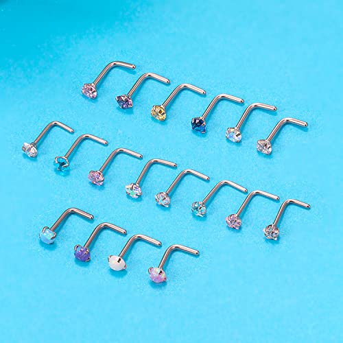 Cisyozi 18G 20G Hypoallergenic Nose Rings Studs Surgical Steel Opal Heart Star Nose Stud Cubic Zirconia Nose Piercing Jewelry for Women Men Straight L Shaped Screw Style2