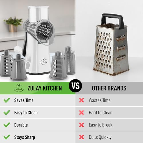 Image of Zulay Kitchen Rotary Cheese Grater 5 Blade Cheese Shredder - Manual Hand Crank Cheese Grater With Reinforced Suction & 5 Interchangeable Drums - Easy to Use, Vegetable Chopper Round Mandoline Slicer
