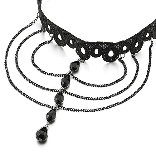 COOLSTEELANDBEYOND Choker Gotico Vittoriano Con Fiore Nero E Pizzo - Collana Donna Con Cristallo Simulato E Catena Regolabile