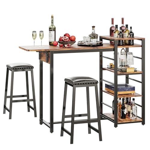 IRONCK 3-Piece Bar Table Set for 2, 47 inch Bar Table with Drop Leaf & Stools & 3 Storage Shelves, Small Kitchen Table for Dining Room, Vintage Brown
