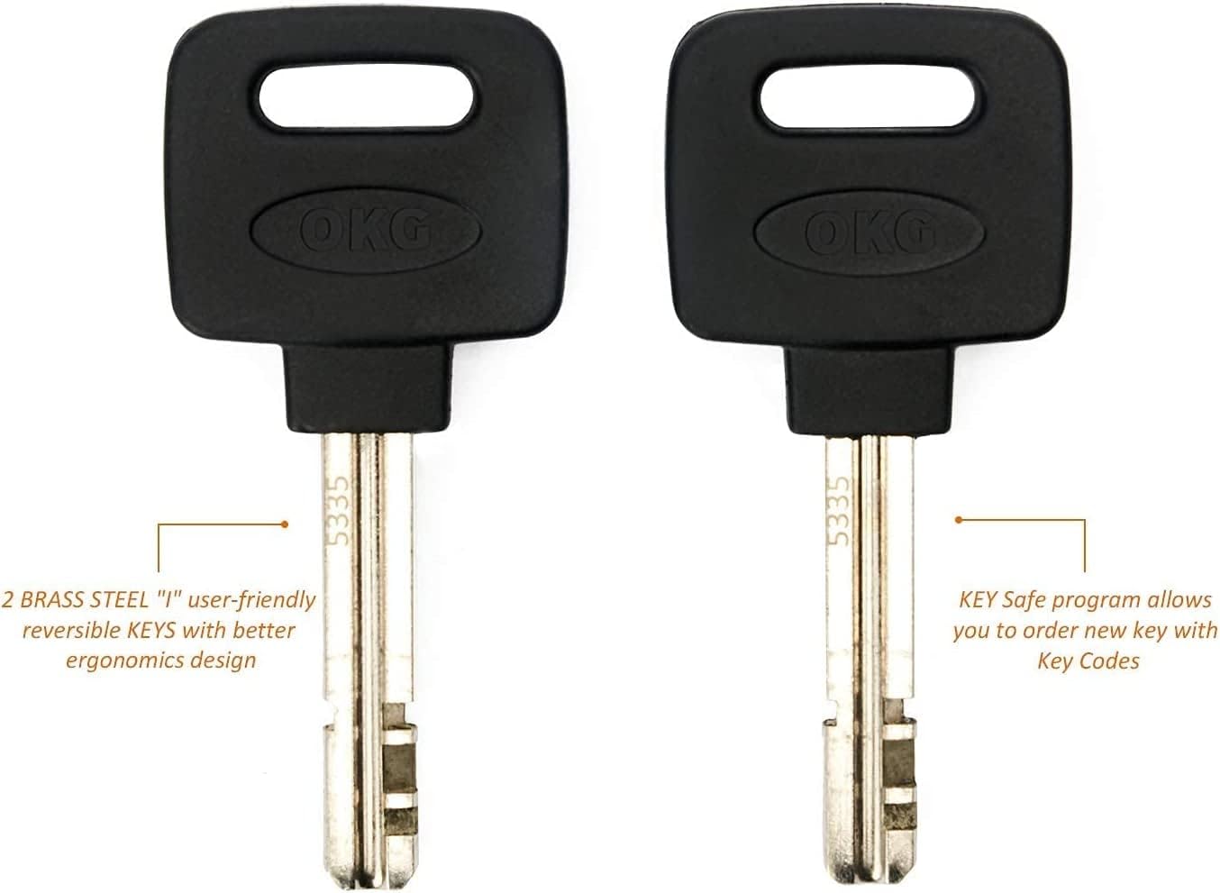 Close-up of two OKG keys with ergonomic design