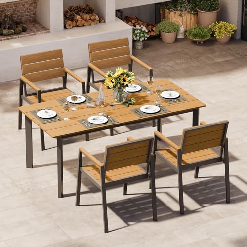 Image of Outdoor Dining Set for 4, Patio Table and Chairs Set with Umbrella Hole, 5 Pieces HDPS + Aluminum Outdoor Furniture Sets for Patio, Garden (Gray & Teak)