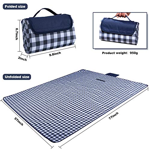 Classic Gingham Picnic & Outdoor Blanket -57\"x79\"| Picnic Mat |Beach Blanket | Foldable Sandproof & Waterproof Camping Travel Blanket |Portable Handy Mat | Picnic Pack Tote -Blue