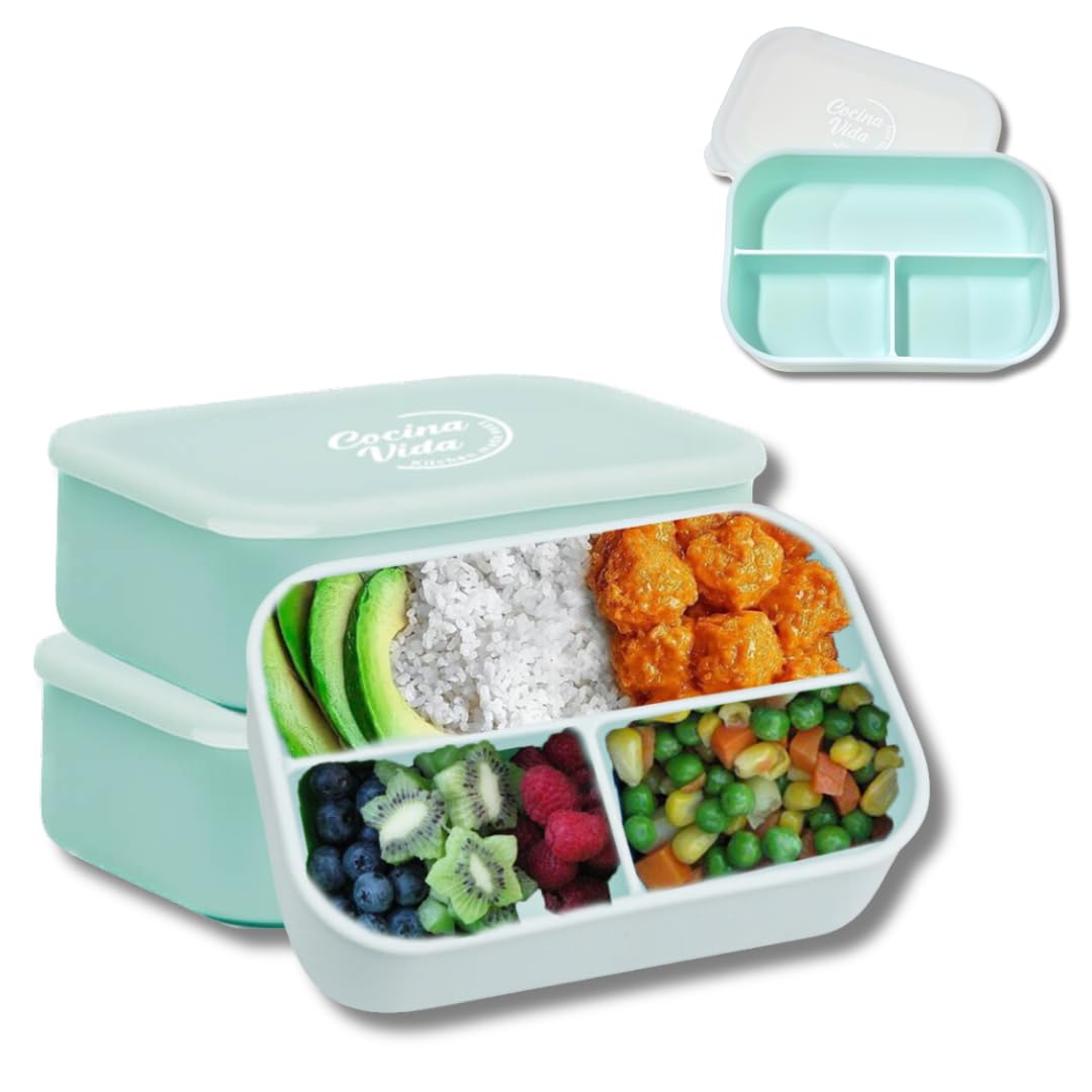 Cocina Vida Bento Box 2er Pack - 44oz/1400ml - Auslaufsichere Lunchbox mit 3 Fächern - BPA-frei - Lebensmittelechtes Silikon