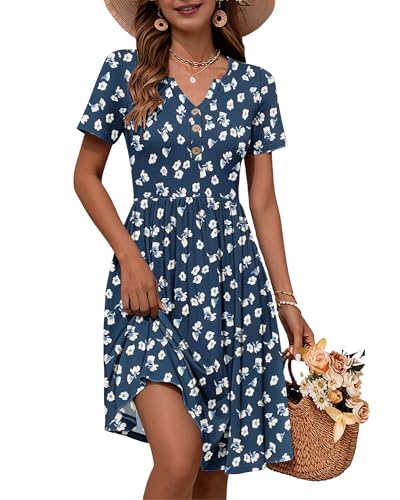 Image of WNEEDU Women V Neck Button Down Empire Waist Midi Summer Dress with Pockets