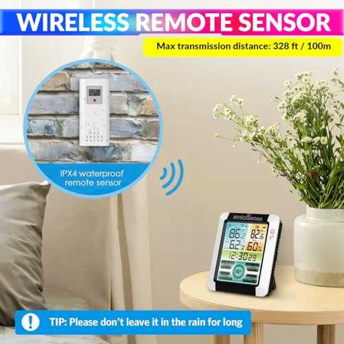 Image of amiciSense Digital Weather Station, Outdoor /Indoor Temperature and Humidity Monitoring Device with Touch Screen and Clock Function