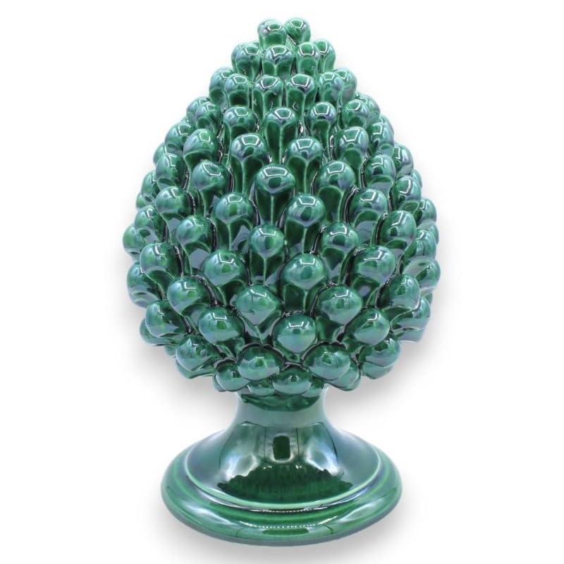 Pomme de pin en céramique Sicilienne Caltagirone de couleur vert cuivré modèle 35 cm