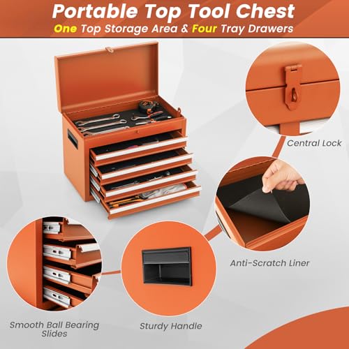 Image of Goplus Rolling Tool Chest, 5-Drawer Tool Box Organizer w /Lockable Wheels & Sliding Drawers & Detachable Top & Adjustable Shelf, Tool Storage Cabinet for Garage Workshop (Orange)
