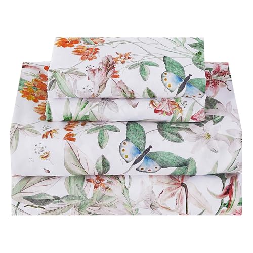 Image of Softan Green Floral Queen Sheet Set, Cozy Microfiber Butterfly Printed Fitted Bed Sheet with 15 inch Deep Pockets & Corner Non-Slip Straps, Botanical Patterned Sheets & Pillowcase Set
