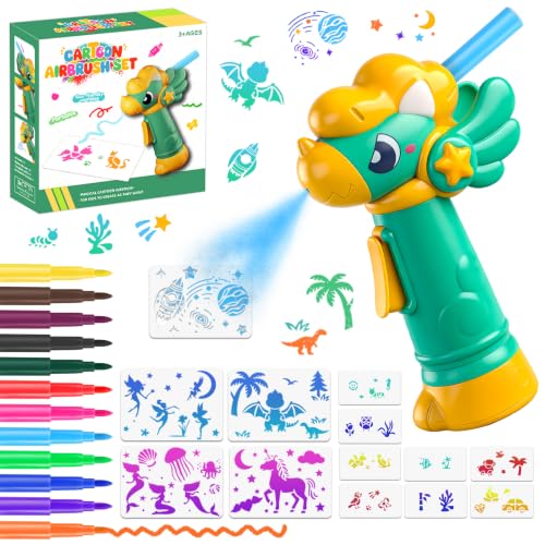 nicknack Marker Airbrush Spray Paint Kit for Kids-12 Washable Markers & 13 Stencils Dinosaur Electric Graffiti Spray Paint Pen Crafts Art Kit Gifts for Kids Ages 3+
