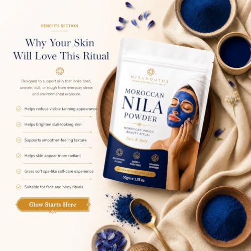 Image of Moroccan Nila Powder - Indigo Blue Face Pack for Skin Brightening, Tan Removal & Detox | Traditional Moroccan Hammam Beauty Treatment for Face & Body Care | 50g (50G - PACK OF 1)