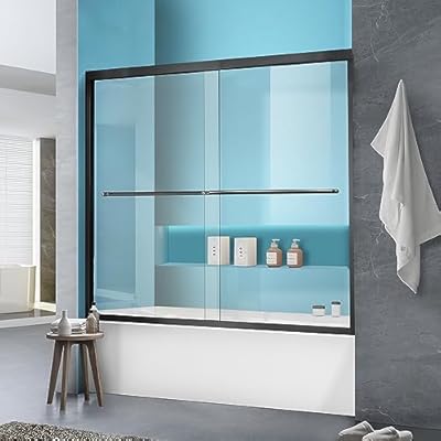 Bathtub Shower Door, 56"-60" W×62" H Framed Double Sliding Glass Shower Door for Bathroom, 1/4"(6mm) Thick Clear Tempered Glass Door with Handles, Matte Black Finish
