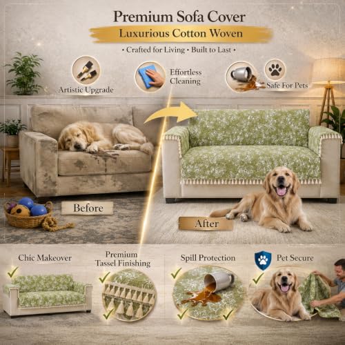 Image of STITCHNEST Woven Fabric Sofa Cover 3 Seater with 2 Hand Rest Covers - Washable Green Sofa Cover with Tassels - Durable Premium Fabric - Stylish Sofa Protector for Living Room & Furniture Decor