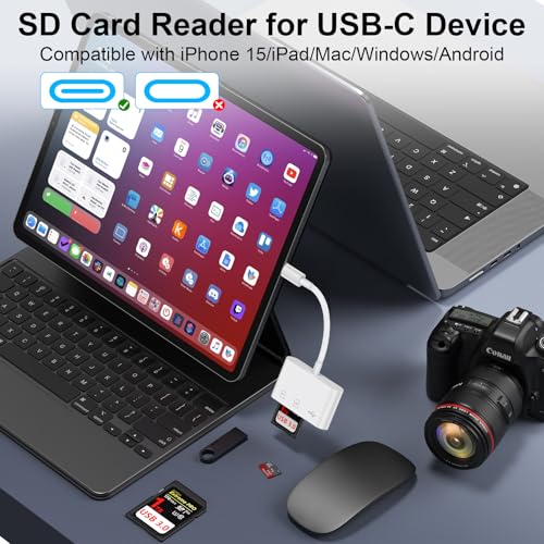 USB C to USB Camera Adapter,SD Card Reader for iPhone 15 16,3 in 1 Memory Card Adapter with Dual Card Slots & USB Port for Samsung Galaxy S25 Ultra Plus S24,Pixel 9 Android Trail Camera Card Reader