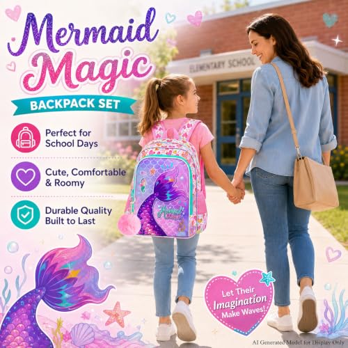 Image of 3Pcs Mermaid Backpack for Girls, 16 inch Kids Fish Tail Backpacks with Lunch Box, School Bookbag for Elementary Preschool Kindergarten(Pink)