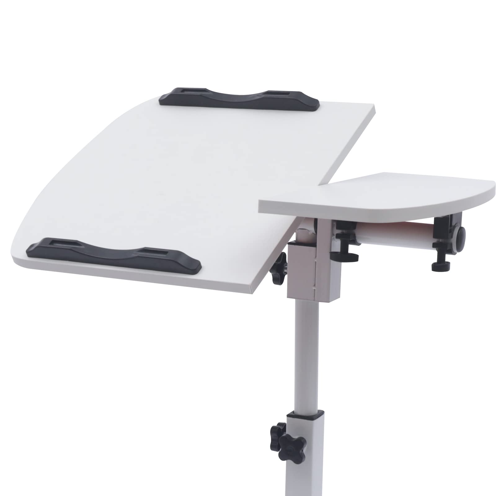Supporto per laptop su scrivania regolabile in altezza, tavolino bianco girevole per ufficio, MDF, legno, acciaio, design elegante