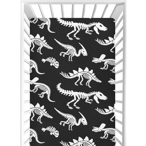 Image of CaTaKu Dinosaurs Skeletons Black Crib Sheets for Girls Boys,Baby Crib Fitted Sheets for Mini Crib and Toddler Mattress, Soft Baby Nursery Bed Sheets Neutral 28"x 52"